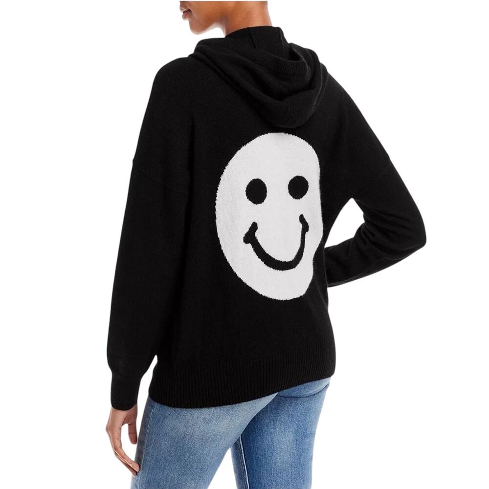 Aqua Women's Black White Smiley Intarsia 100% Cashmere Exclusive Hoodie Size XS